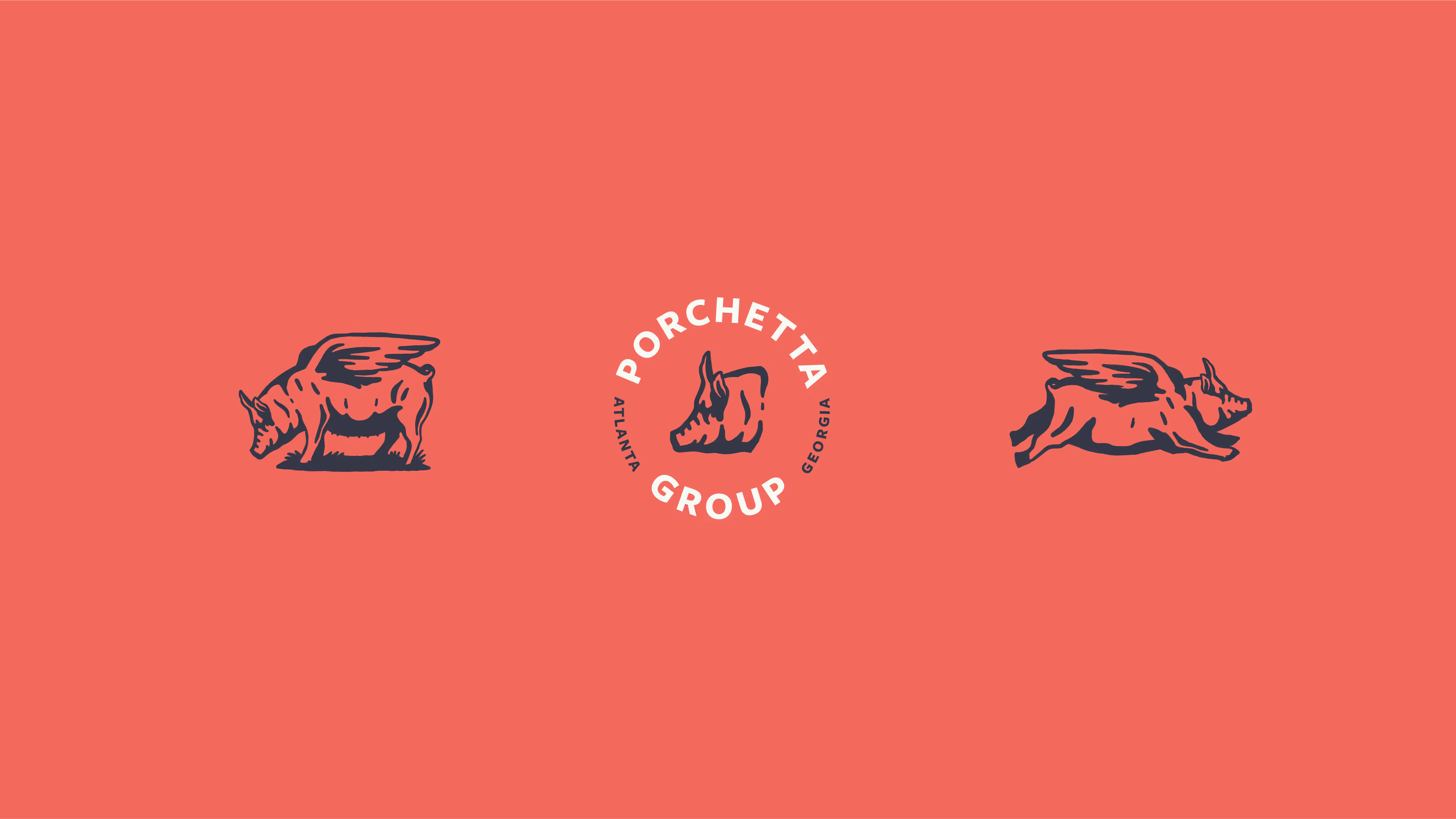 The Porchetta Group logo features central side view of a pig's head encircled by text and flanked by two stylized winged pigs, against a solid vibrant red background.
