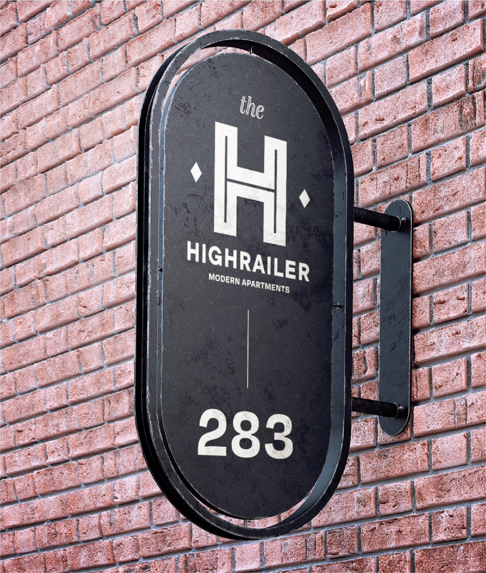 Oval, projecting sign for The Highrailer apartments, featuring a bold "H" logo, the building name in a strong sans-serif font, and the address "283," mounted on a textured brick wall.
