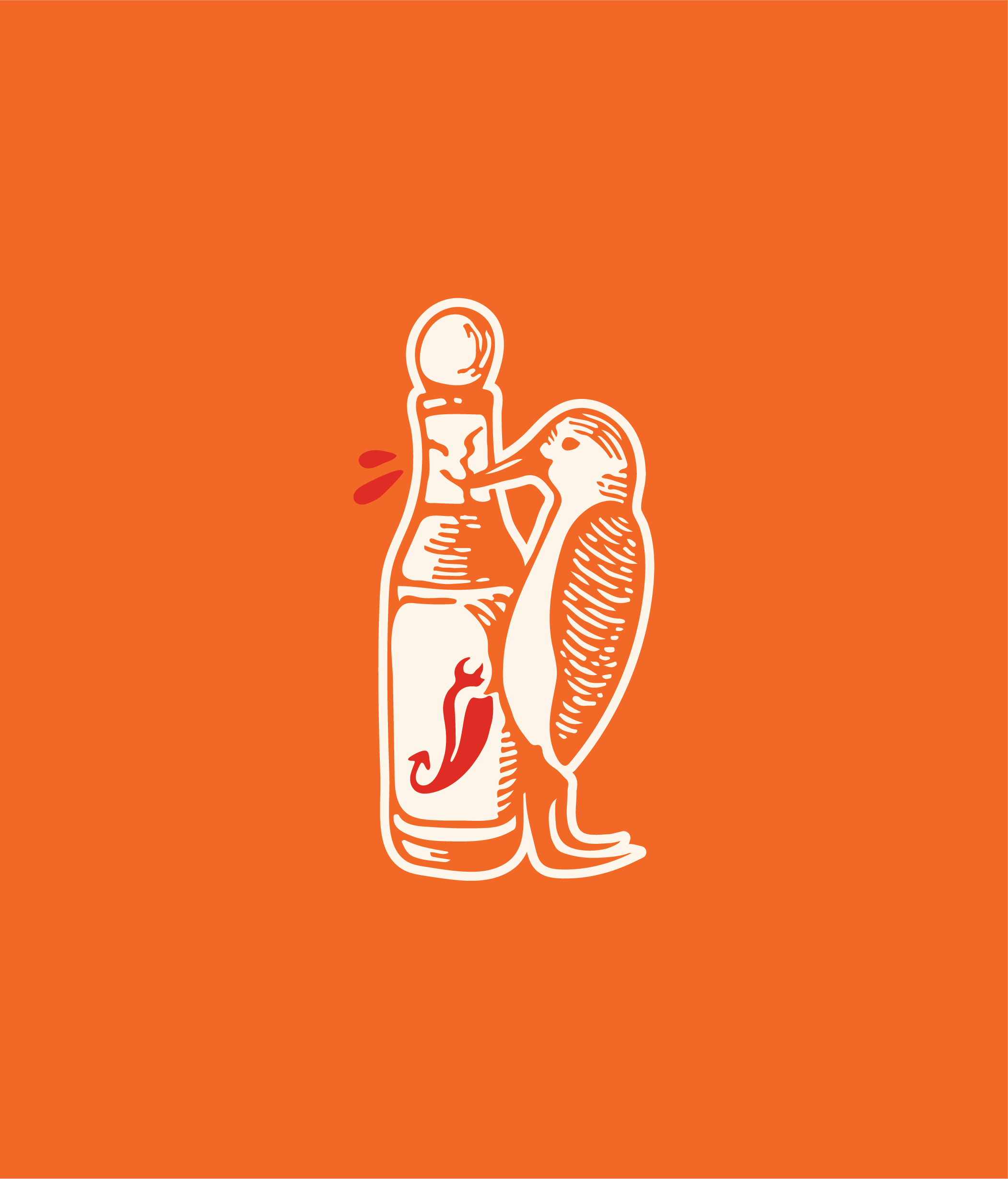 A solid background with a custom illustration of a bird pecking a hot sauce bottle.