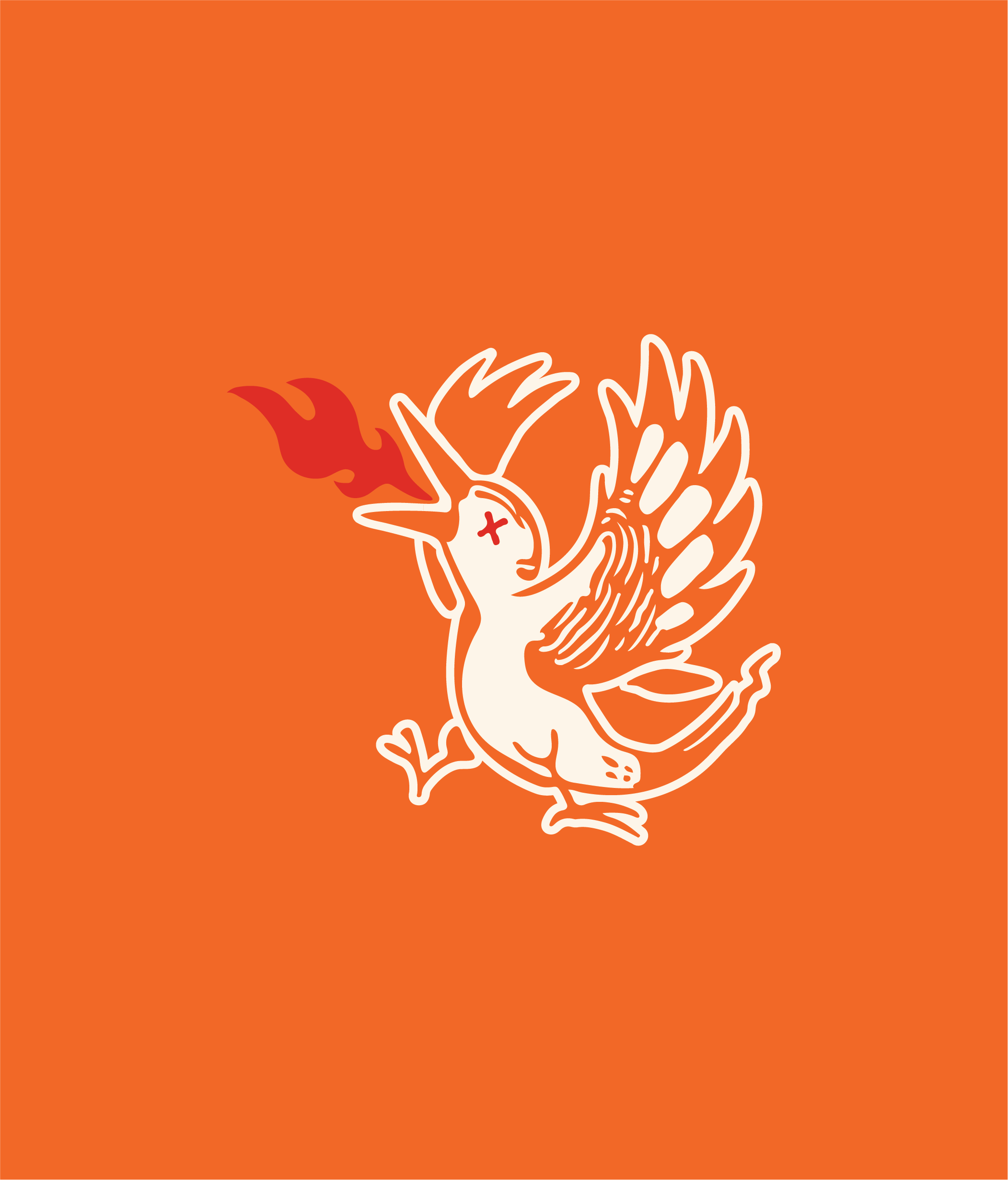 A solid background with a custom illustration of a bird that is breathing fire.