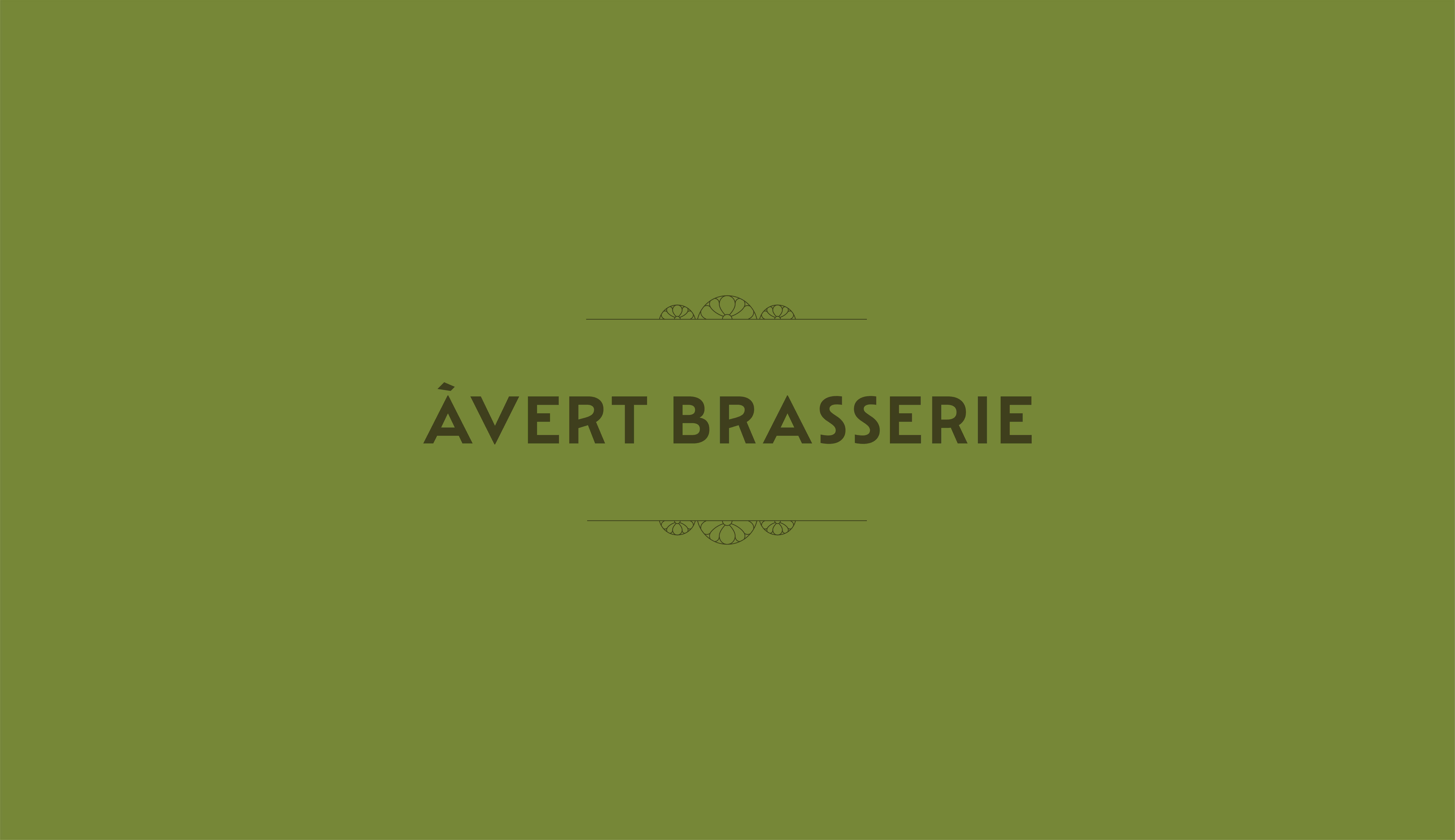 Logo for Åvert Brasserie. Text in a dark gray, serif font on a muted green background, flanked by delicate, symmetrical decorative flourishes above and below the text.