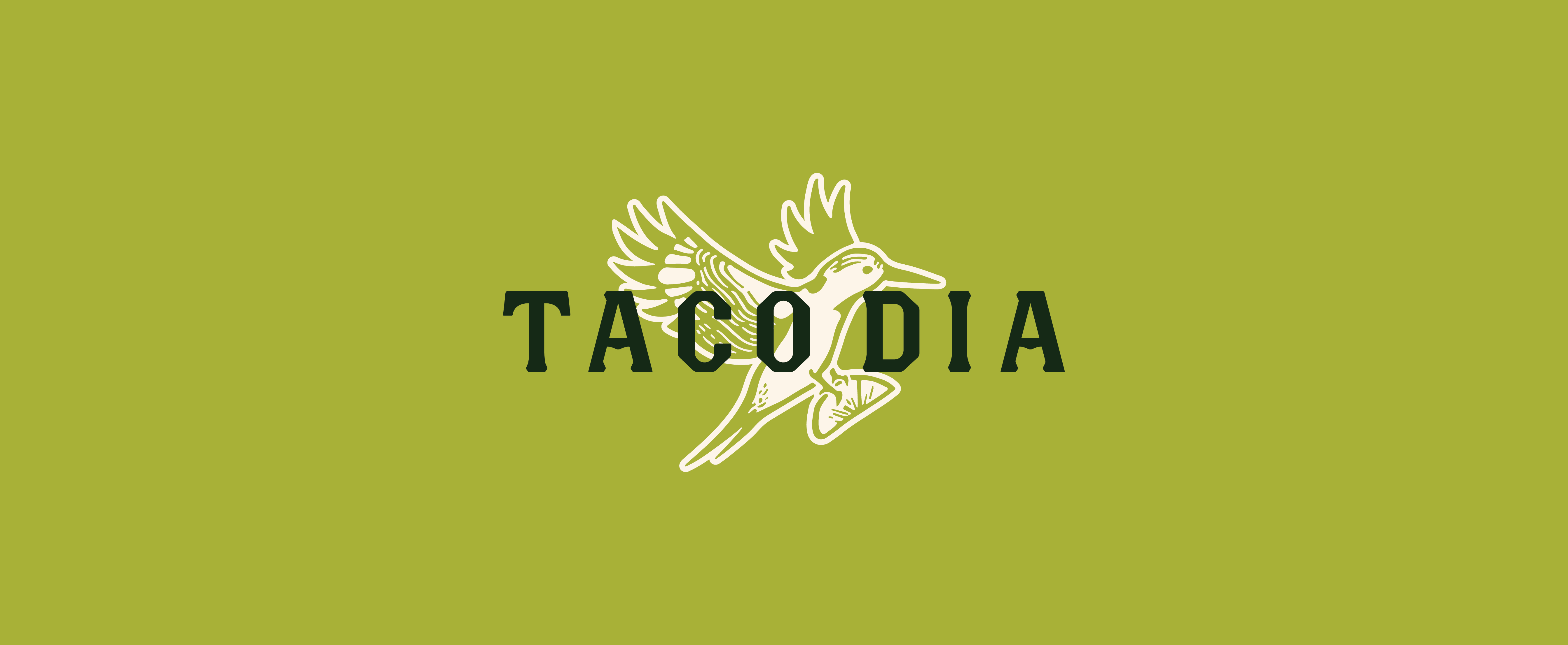 Solid background with custom taco dia logo and custom bird illustration.