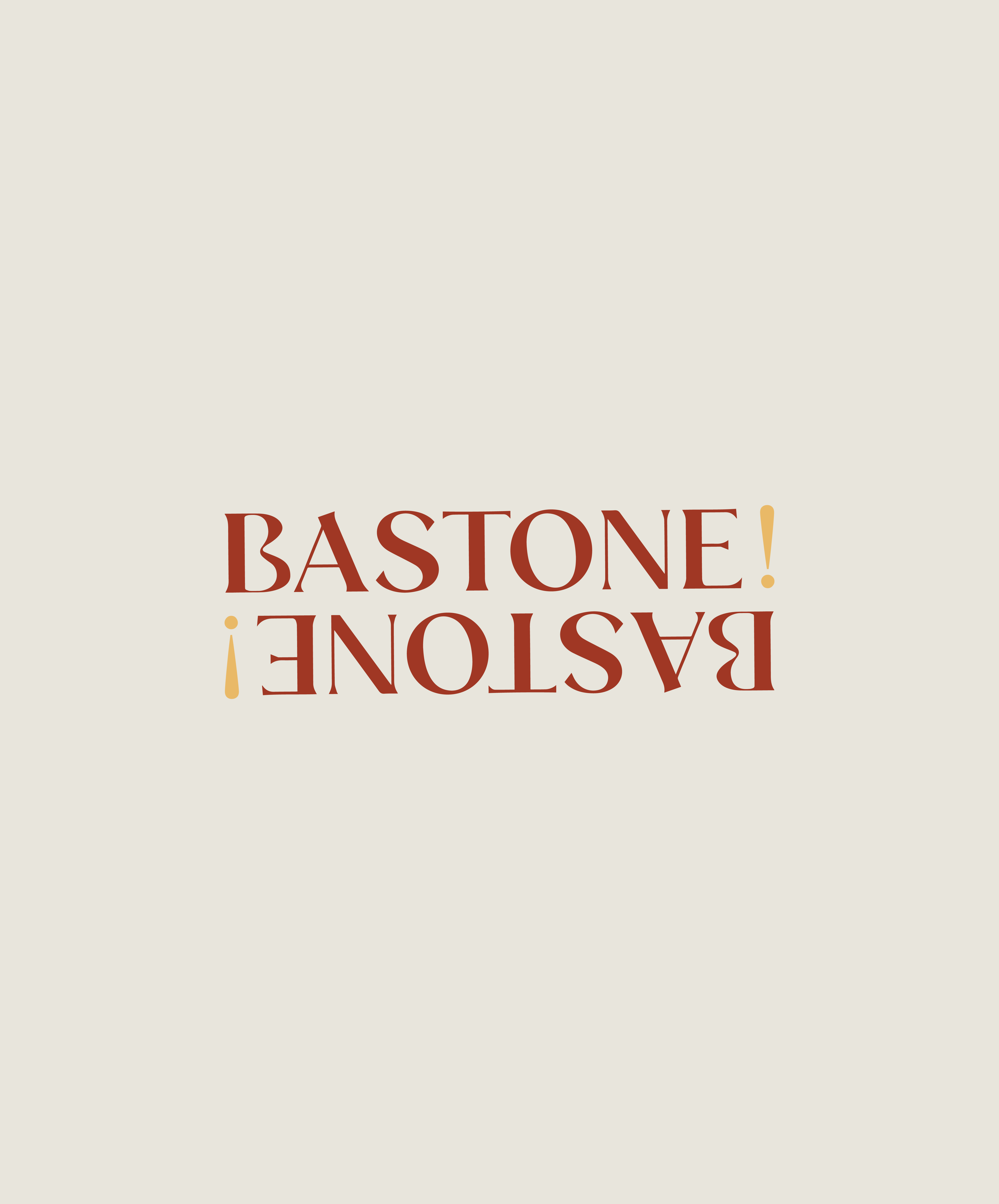 The "Bastone!" logo in red text with gold exclamation points. The logo is stacked vertically with a slight offset, creating a dynamic visual effect.
