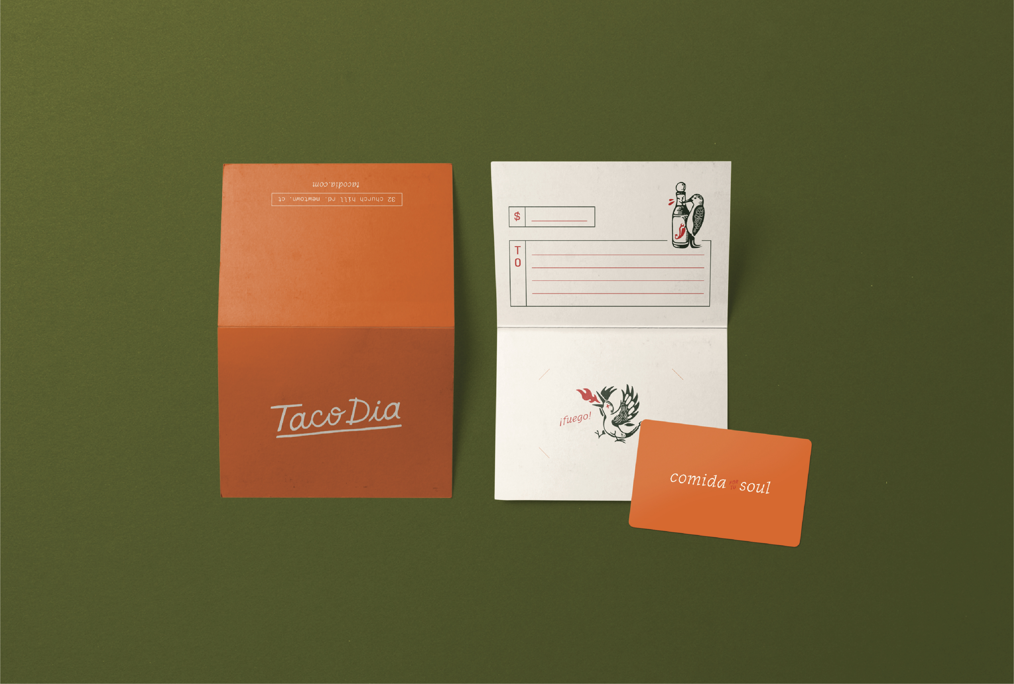 An image of a custom designed gift card and gift card holder for Taco Dia, a Mexican restaurant in Newtown, CT.