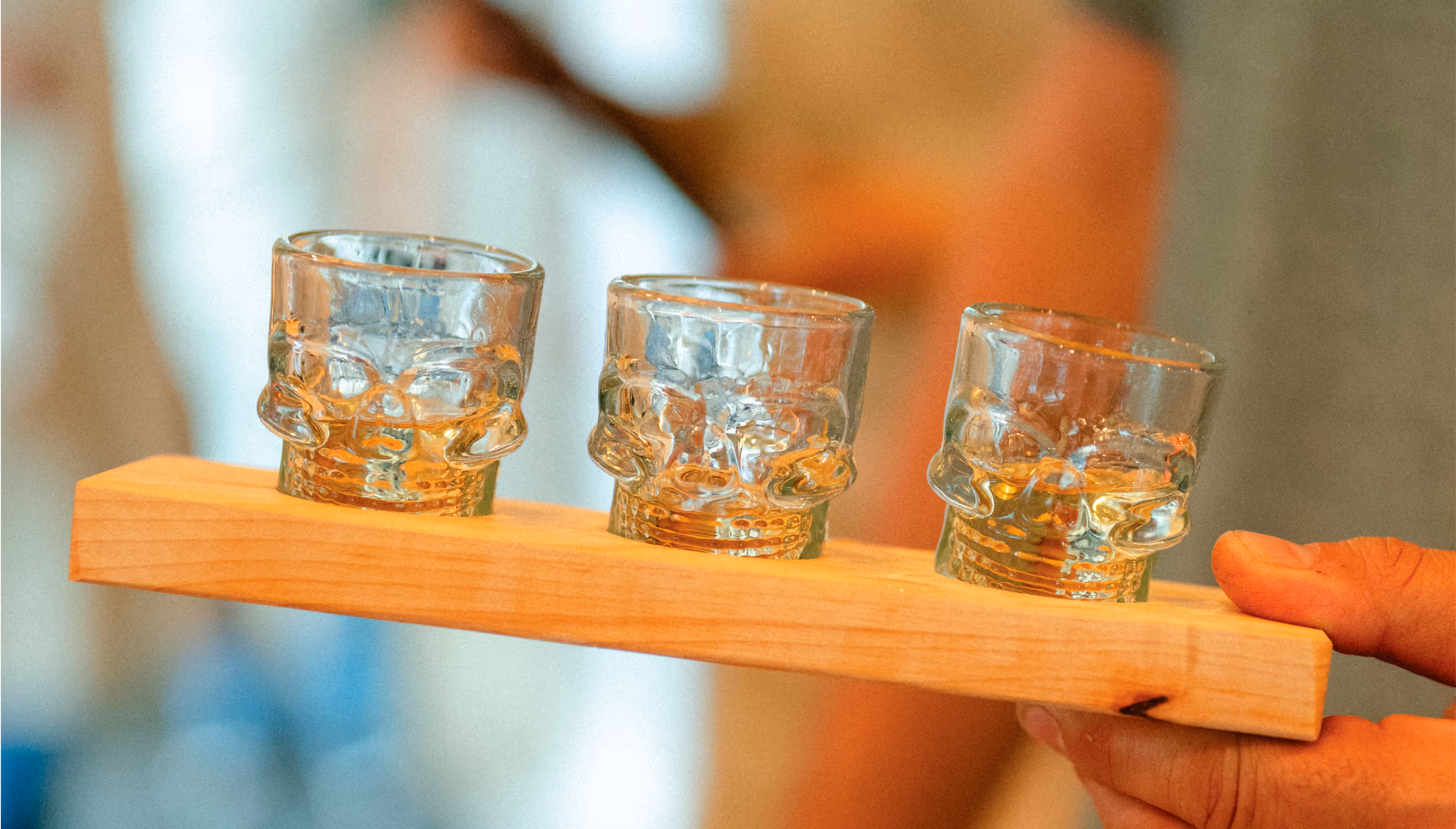 Image of skull shot glasses inside a Mexican restaurant.