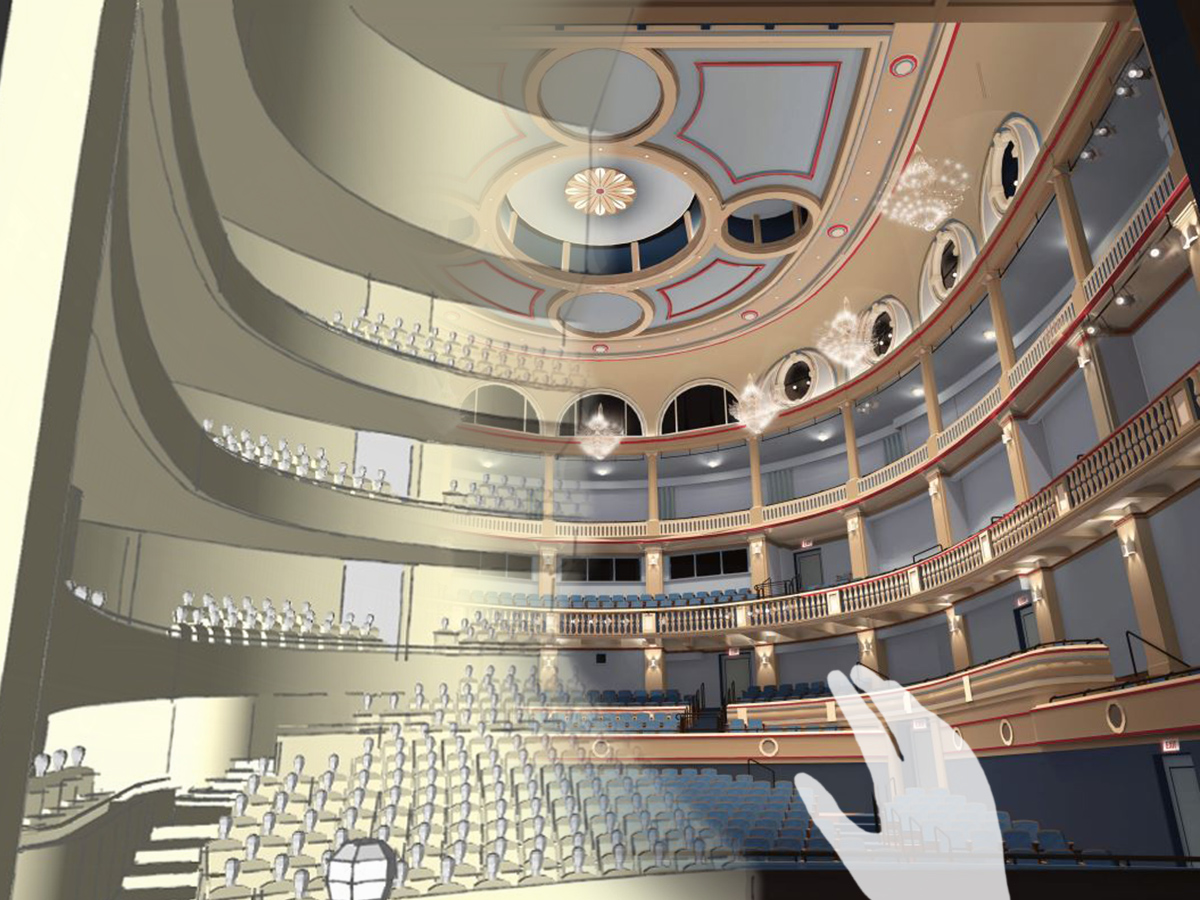 An image of a virtual theater for Rice University developed by Agile Lens and using our Blueprint Immersive software.