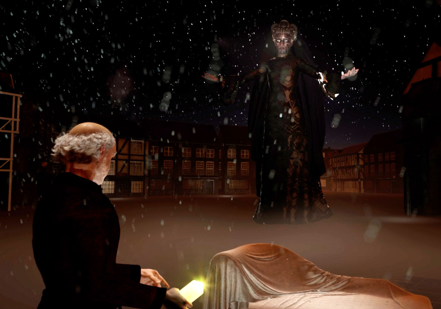 A MetaHuman of Ebenezer Scrooge being haunted by the Ghost of Christmas Future in the 2024 performance of A Christmas Carol VR - a live VR play by Agile Lens.