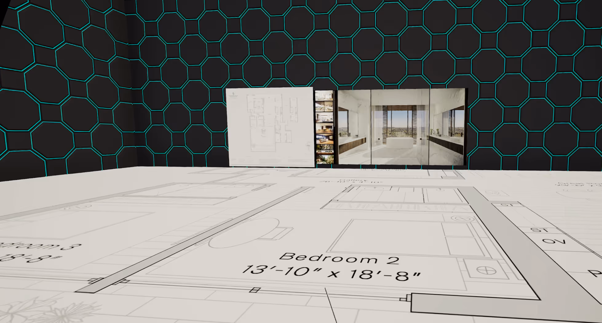 A massive virtual holodeck which floors a 1:1 scale floor plan for a home and shows multiple images of the homes design configurations.