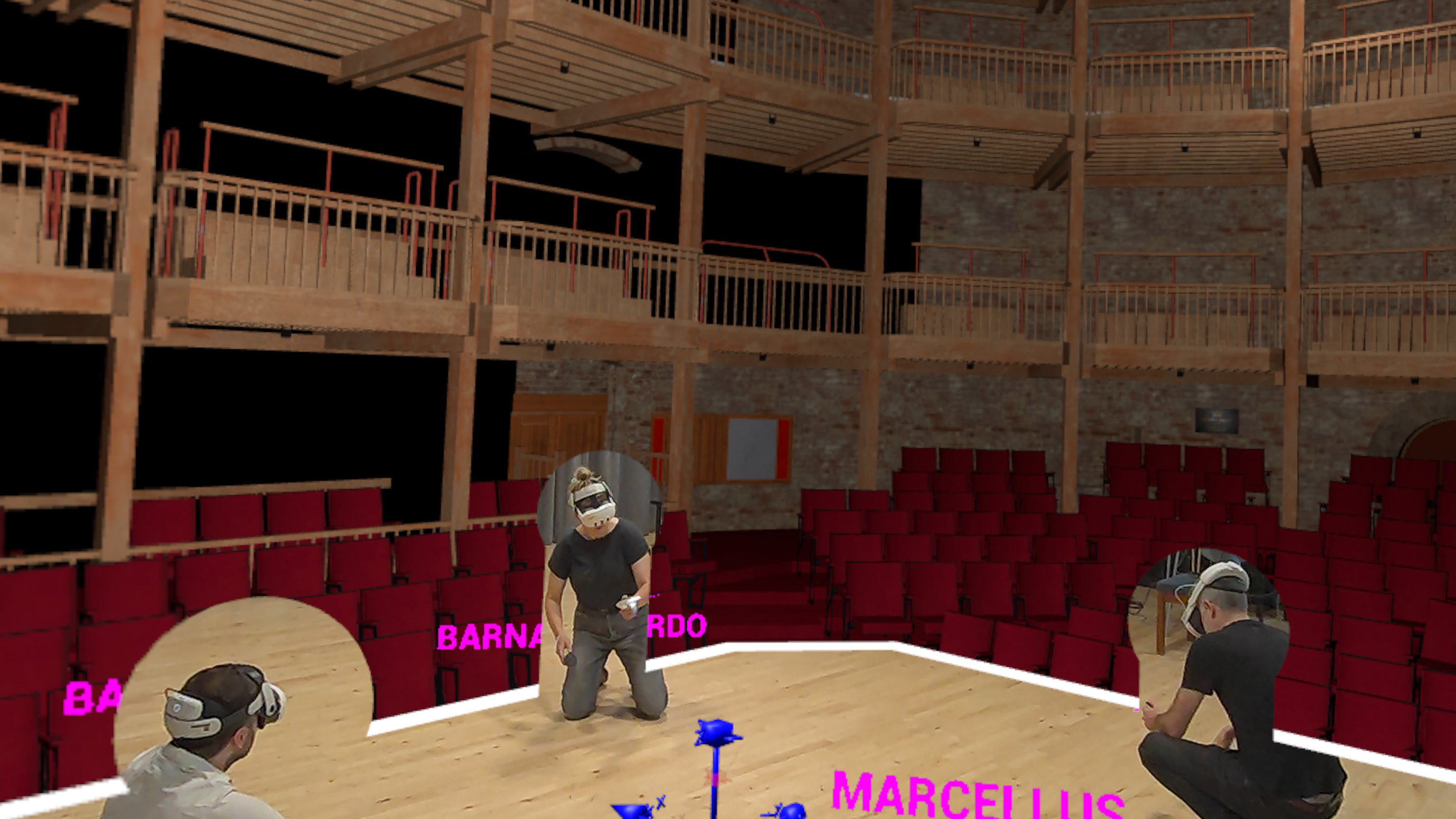 3 actors in a rehearsal room viewing the stage they'll be performing in using a mixed reality application developed by Agile Lens for the Royal Shakespeare Company.