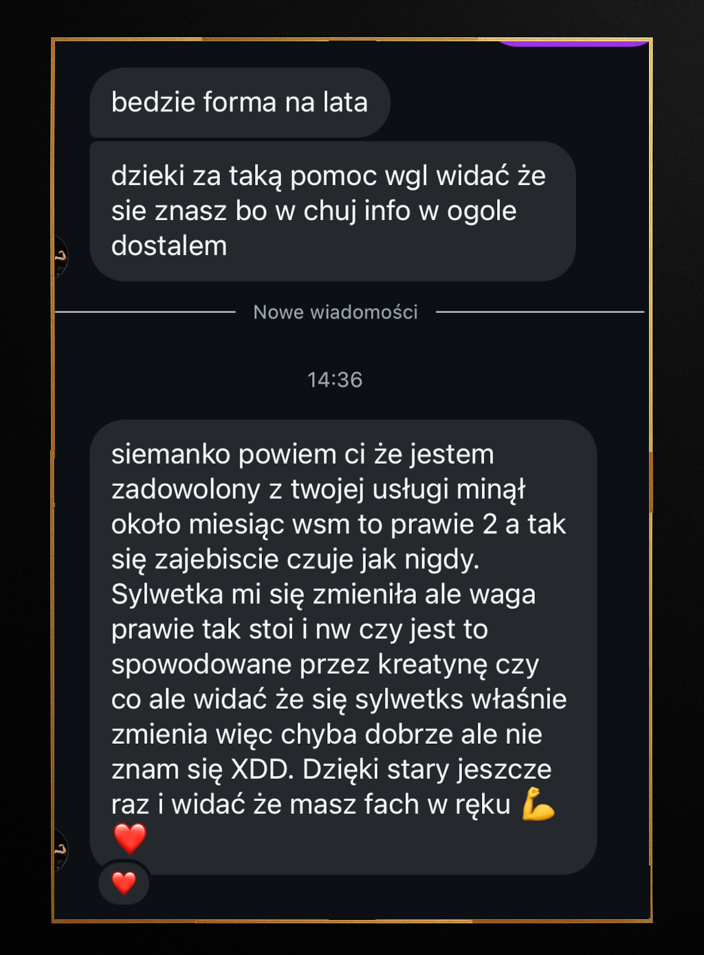 Screenshot of a Polish text message expressing gratitude for expert help, satisfaction with services, and positive changes in body shape over two months, including muscle emoji and heart emojis.