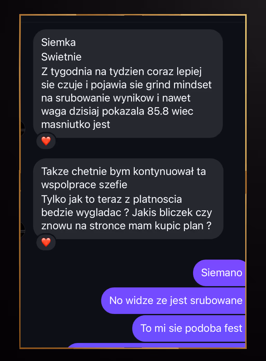 Screenshot of a Polish text message conversation with gray and purple speech bubbles discussing progress, motivation, weight, and payment plans.