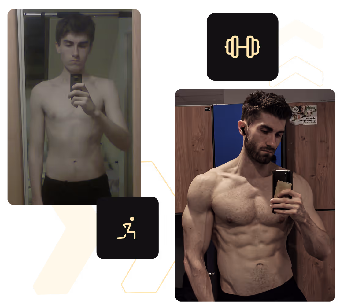 Before and after transformation selfies of a man showing significant muscle gain and body fitness improvement.