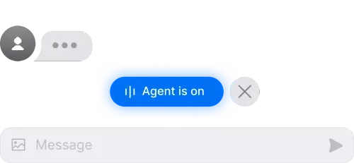 Blue chat interface showing "Agent is on" message button
