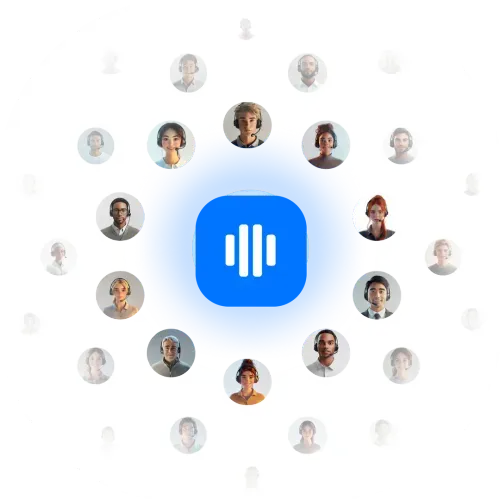 Diverse team avatars circling a blue communication or sound wave icon