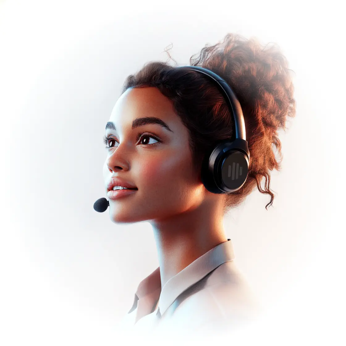 Customer service representative wearing headset with microphone looking sideways