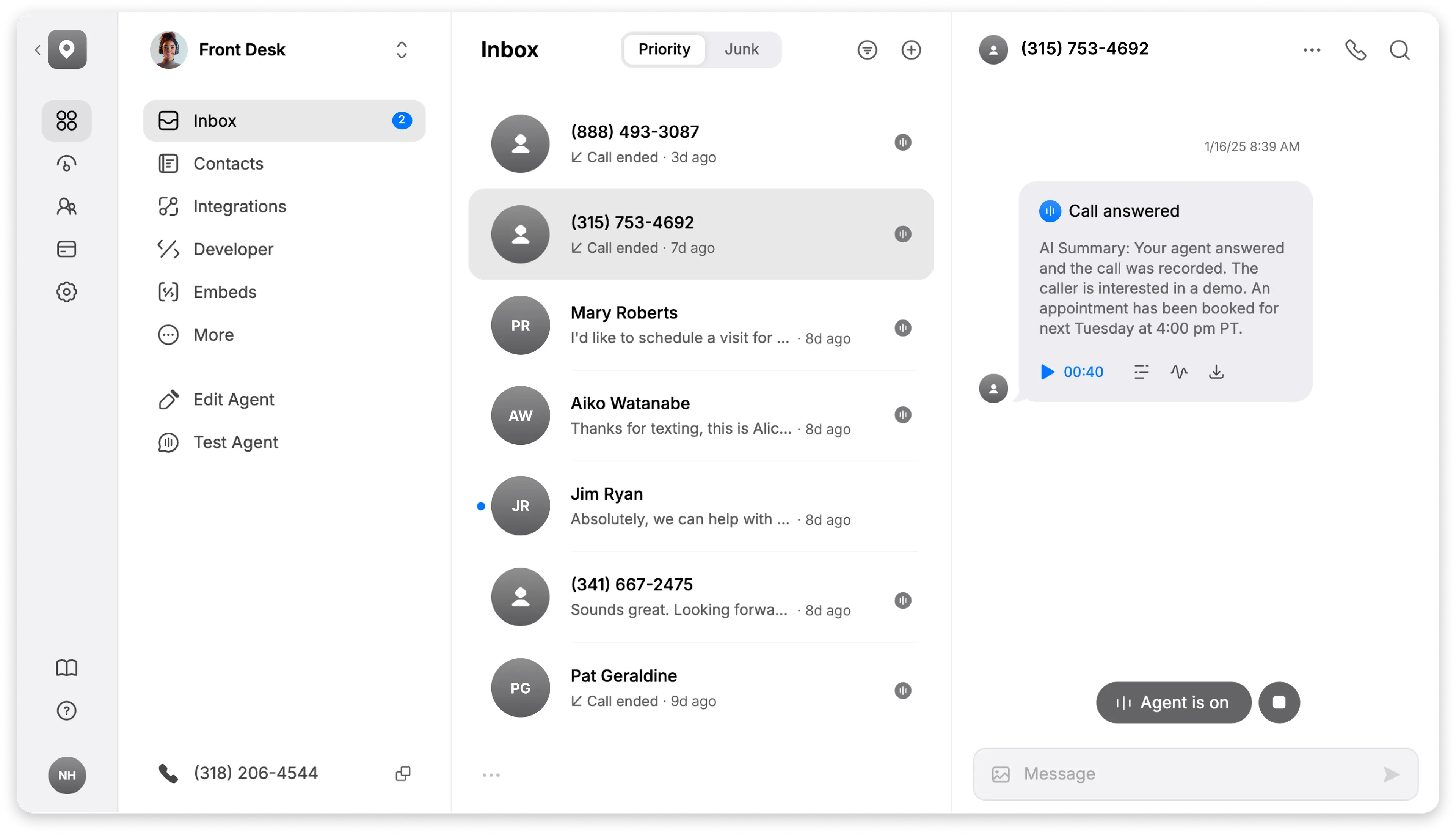 Customer support inbox with recent calls and messages from various contacts