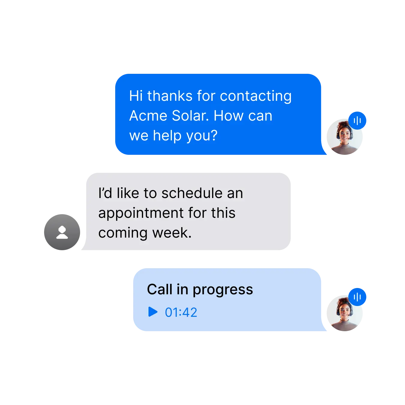 Acme Solar customer service chat with call in progress timer