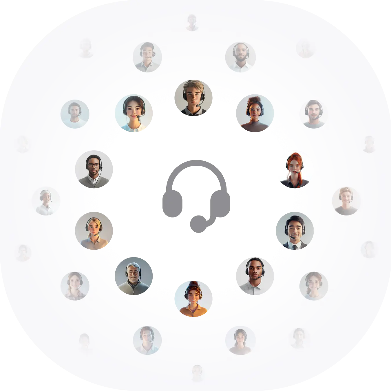 Diverse call center team with headsets connected around central headphone icon