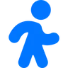 Blue stylized human figure walking icon on white background