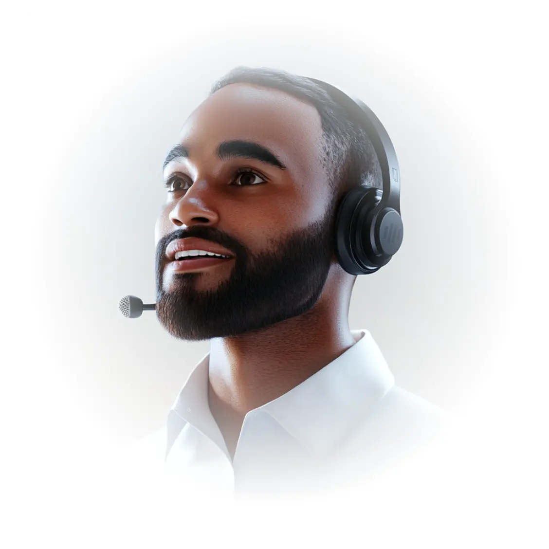 Smiling person wearing headset with microphone, white background