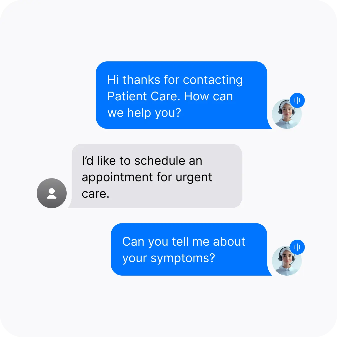 Patient Care chat interface seeking information about urgent care symptoms