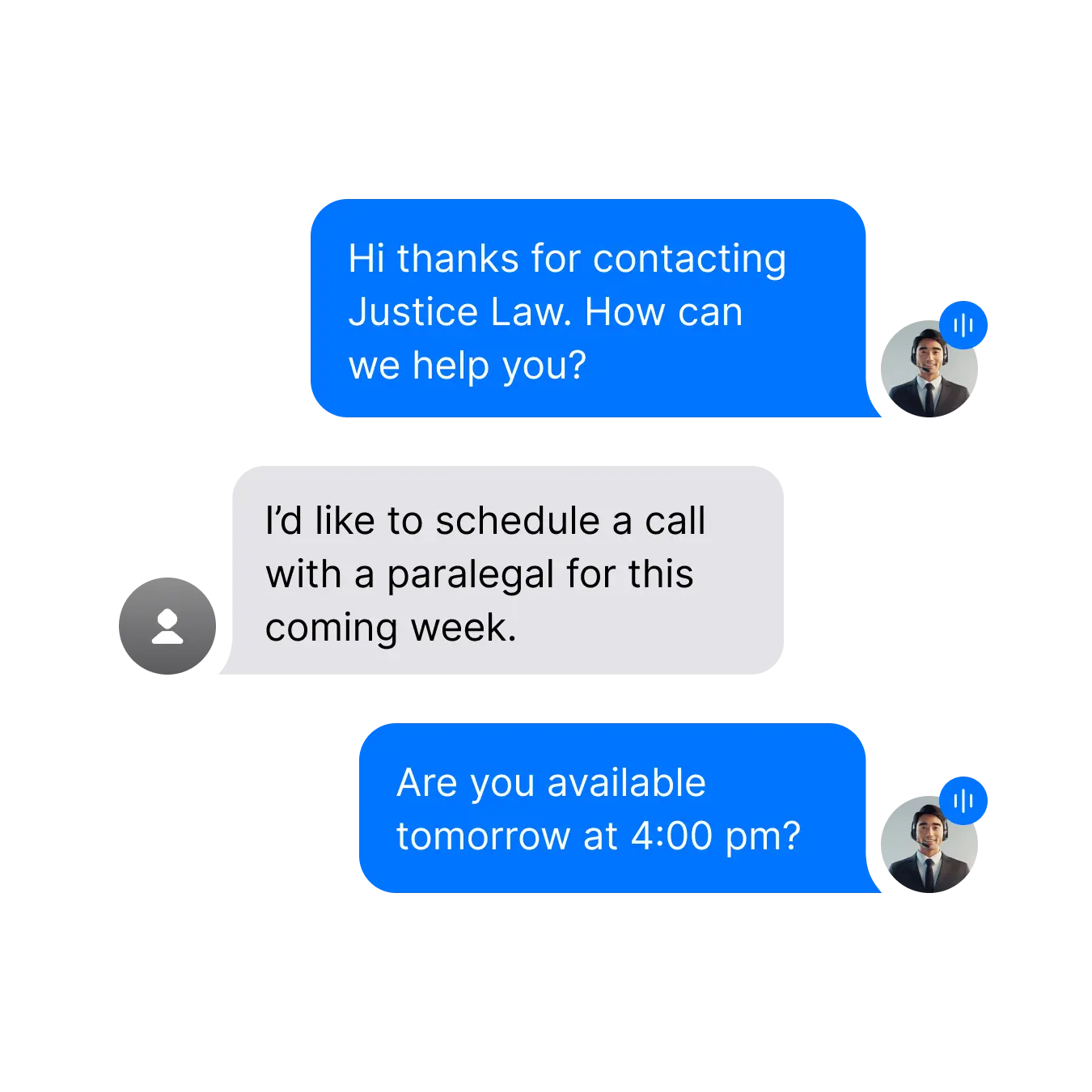 Text message conversation scheduling call with Justice Law paralegal