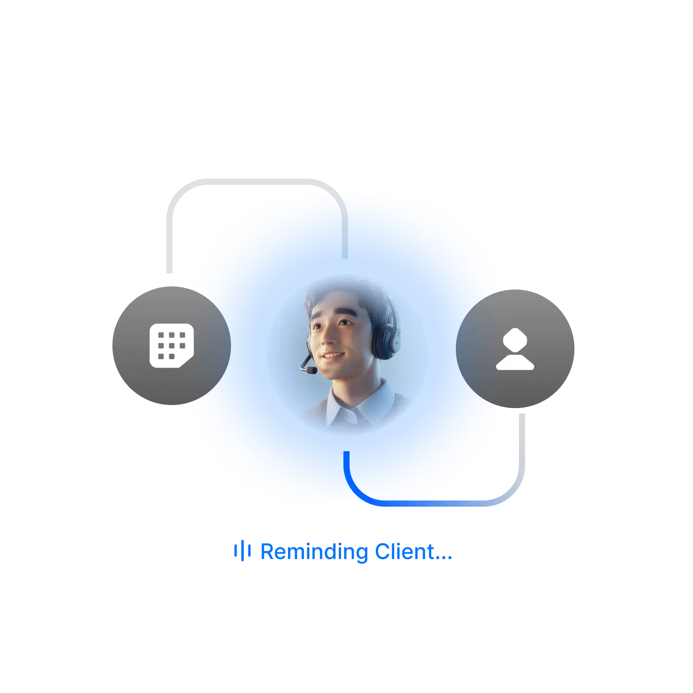 Customer service representative with headset, connecting communication icons