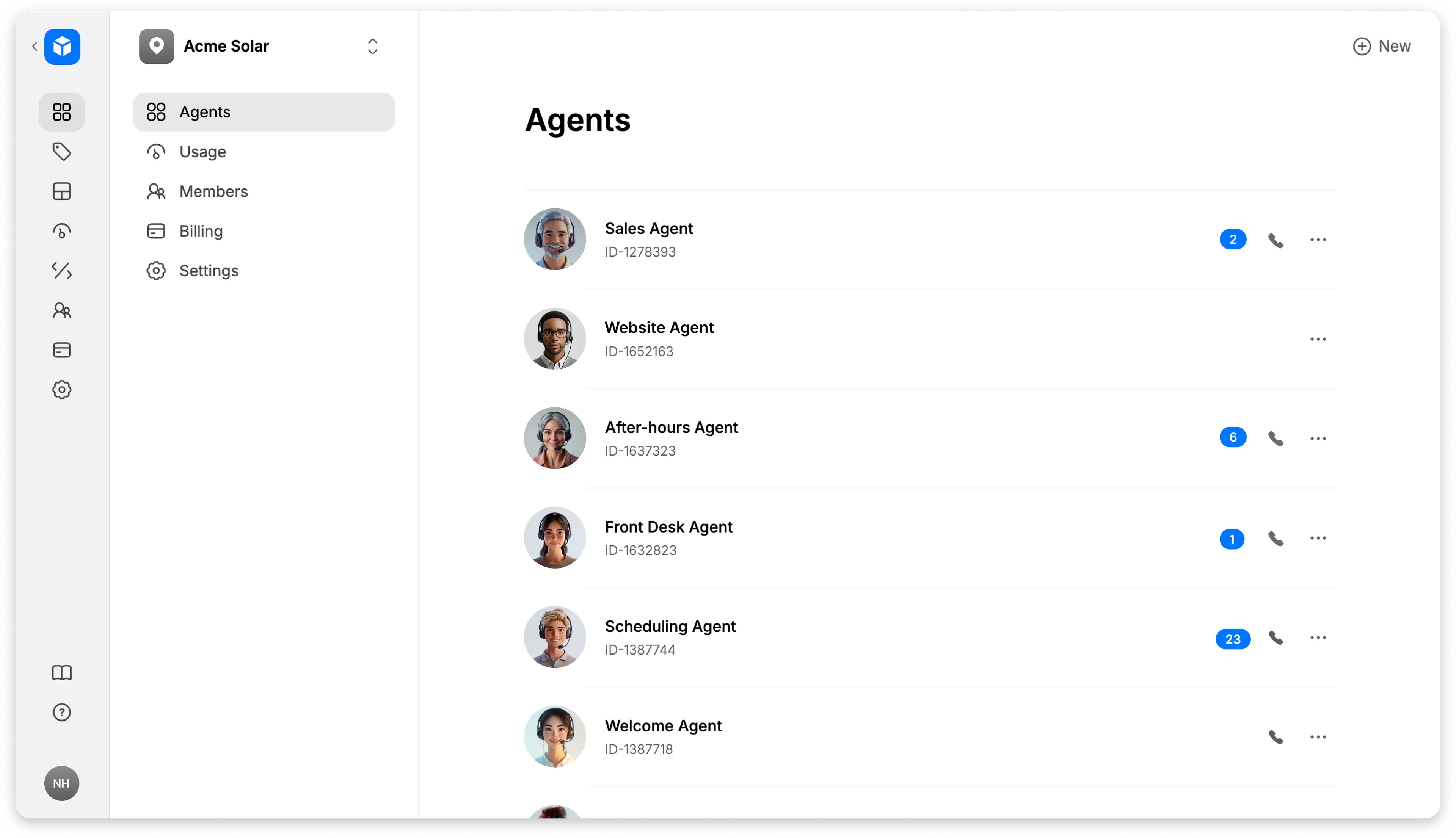 Acme Solar's agent management dashboard with list of different agent roles