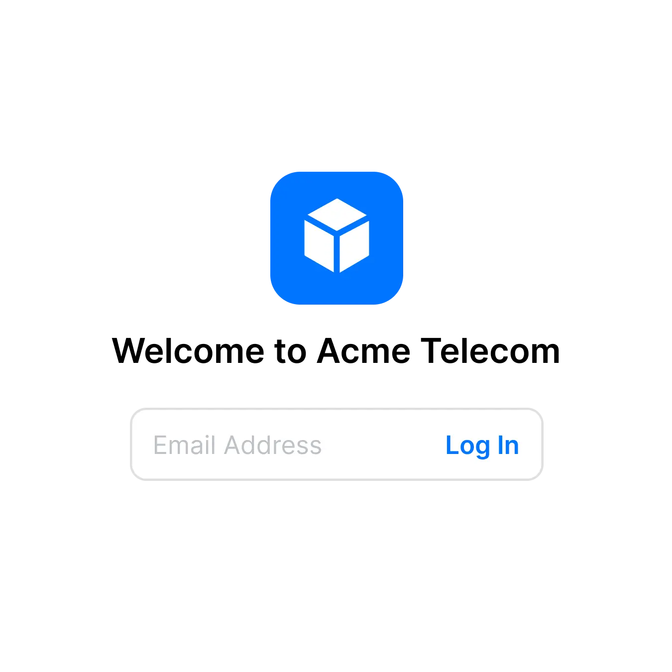 Acme Telecom login screen with blue cube logo and email input field