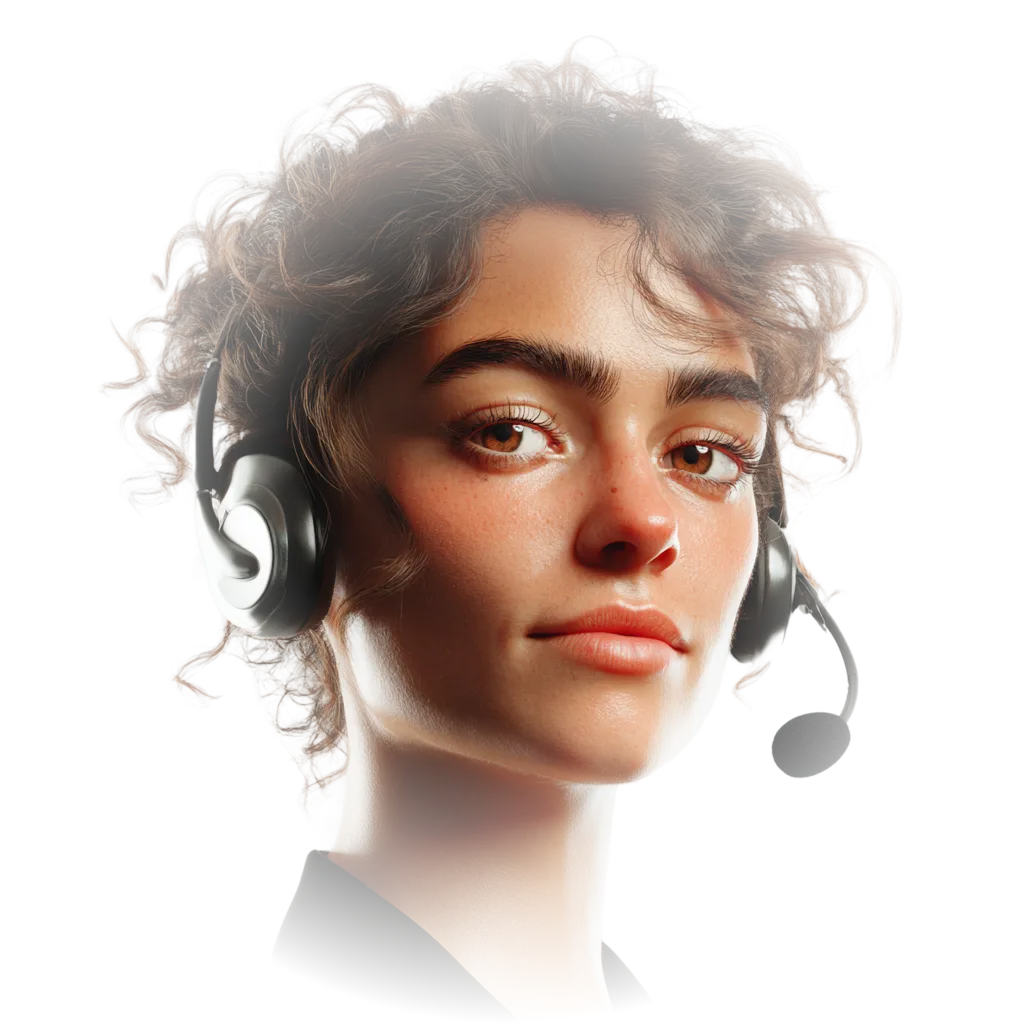 Portrait of a young woman with curly hair wearing a headset microphone.