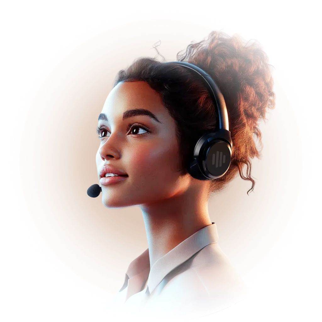 Profile of a young woman with curly hair wearing a headset with microphone, looking attentively to the side.