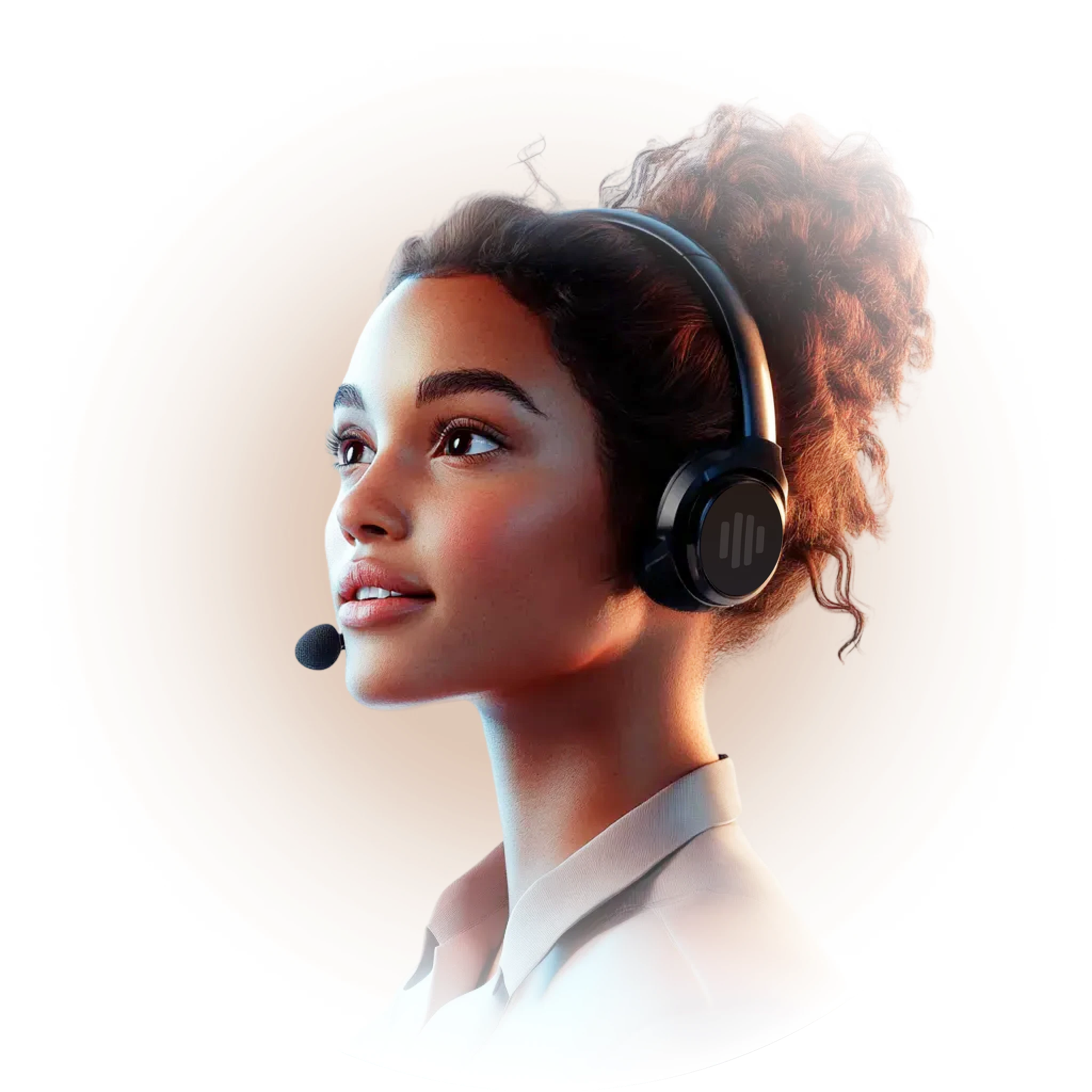 Young woman with curly hair in a bun wearing a headset with microphone, looking attentively to the left.