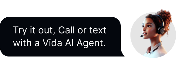Young woman with headset looking ahead next to text bubble inviting to call or text a Vida AI Agent.