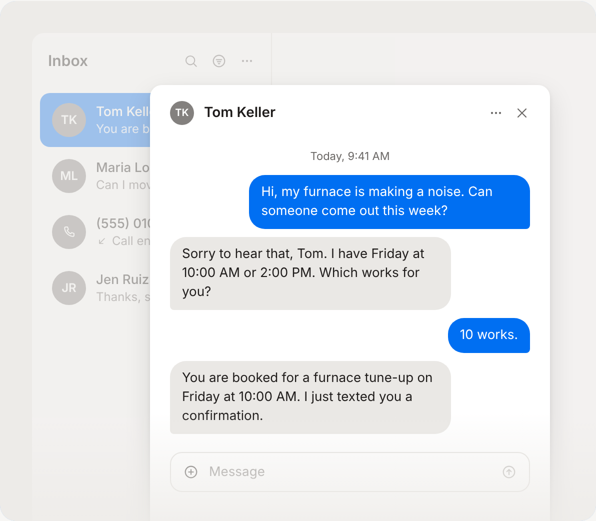 Sample text thread in which an AI employee books a furnace tune-up.
