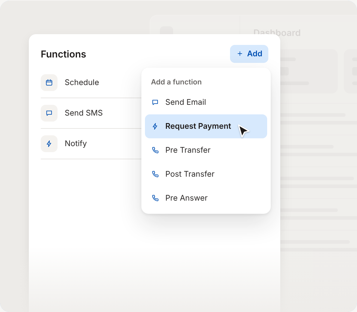 Sample menu for adding functions to an AI employee in Vida.