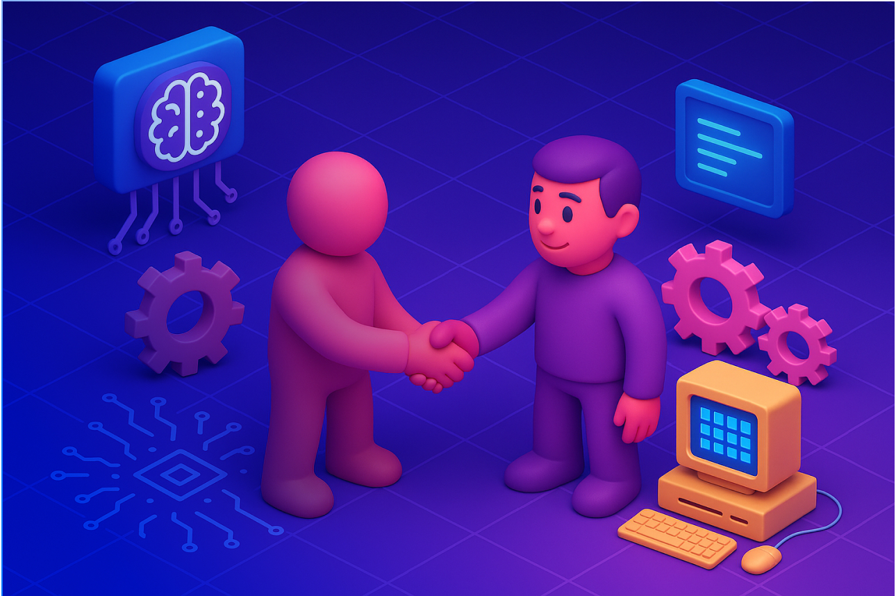 Two cartoon figures shaking hands with tech elements and gears