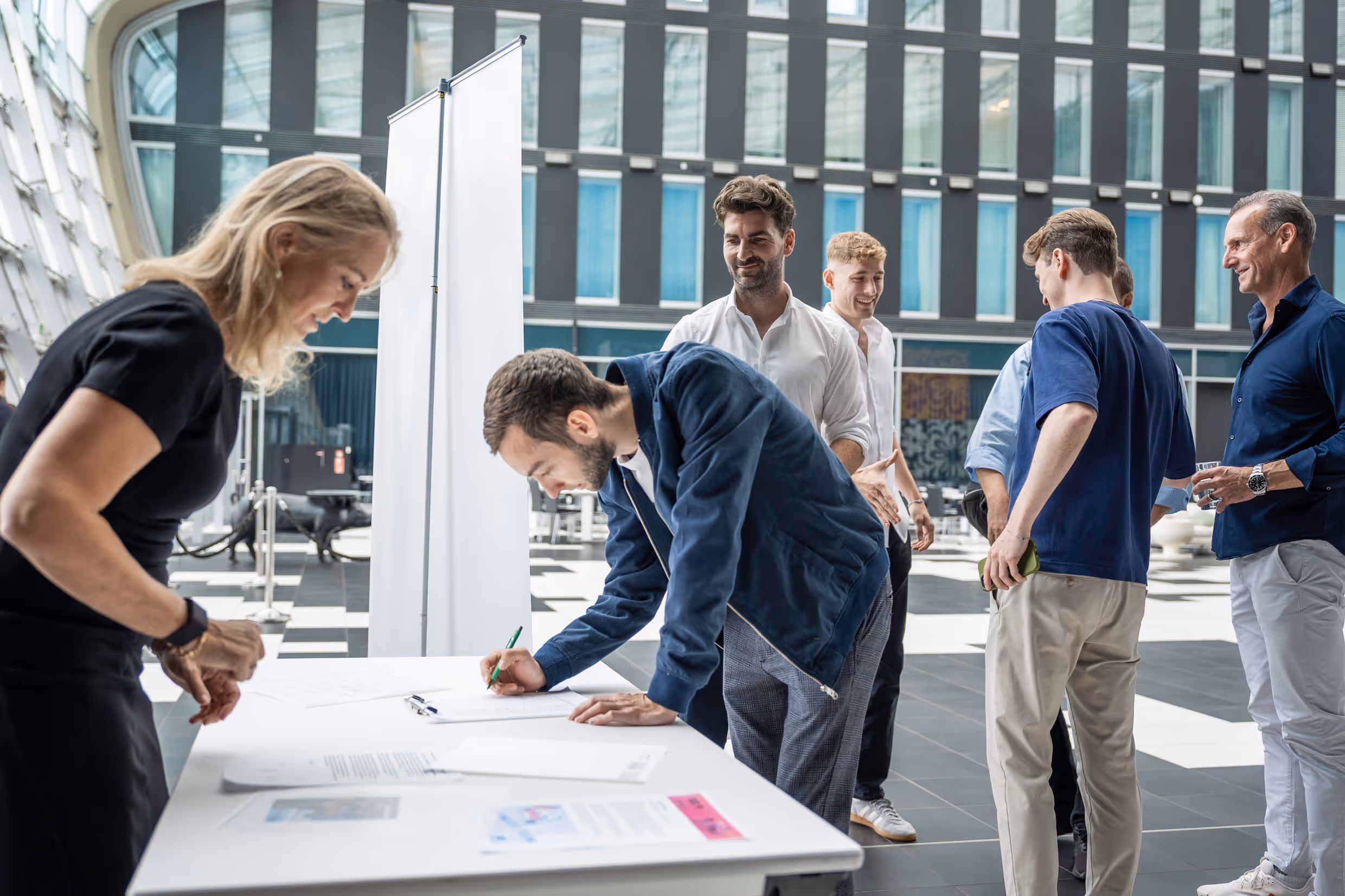 gathering people in a great hall