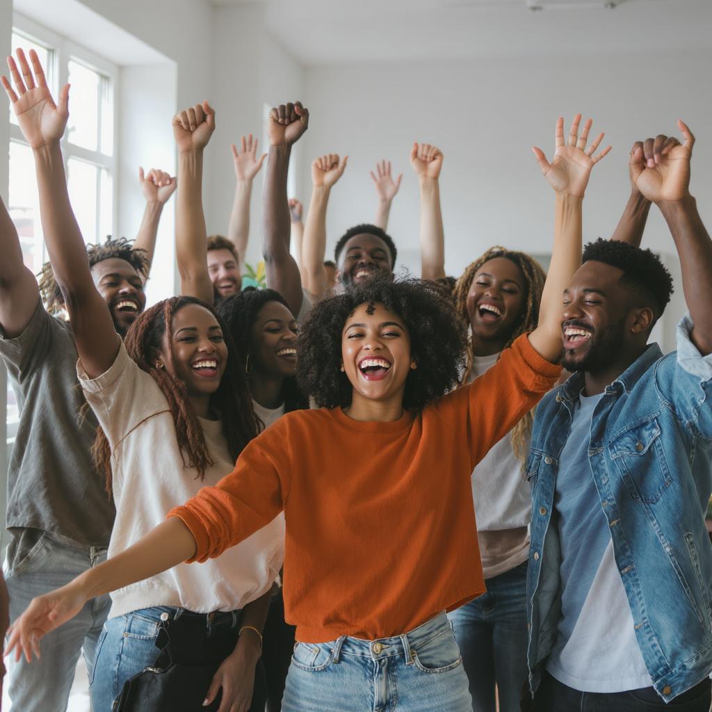 Services card image. Happy people raising their hands.