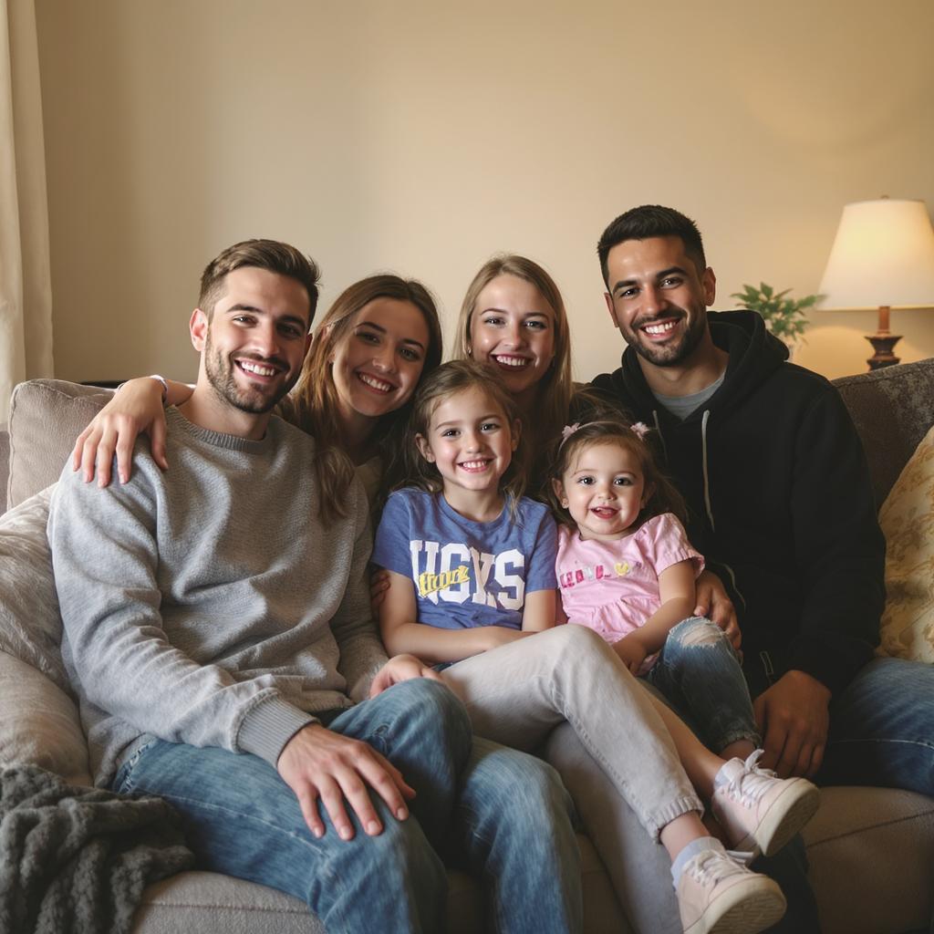 A family on a couch smiling as they navigate challenges.