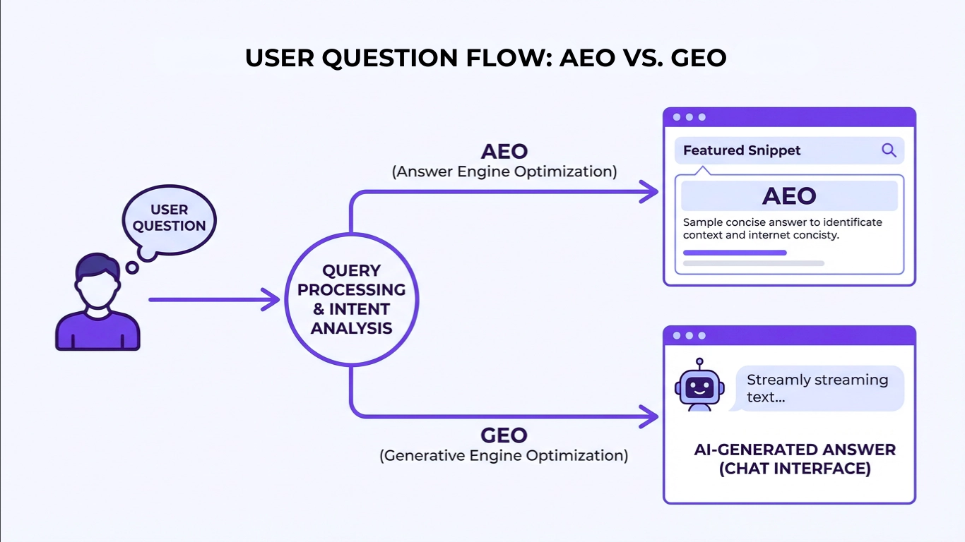 Diagram illustrating the flow of a user question leading either to a Google featured snippet (AEO) or to an AI-generated answer in a chat interface (GEO).