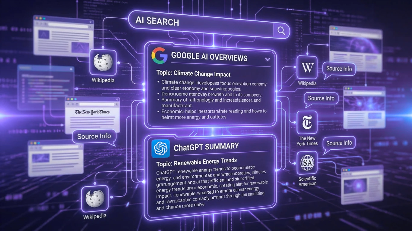 Illustration showing AI search results generating summaries from various websites (e.g. ChatGPT, Google AI Overviews).