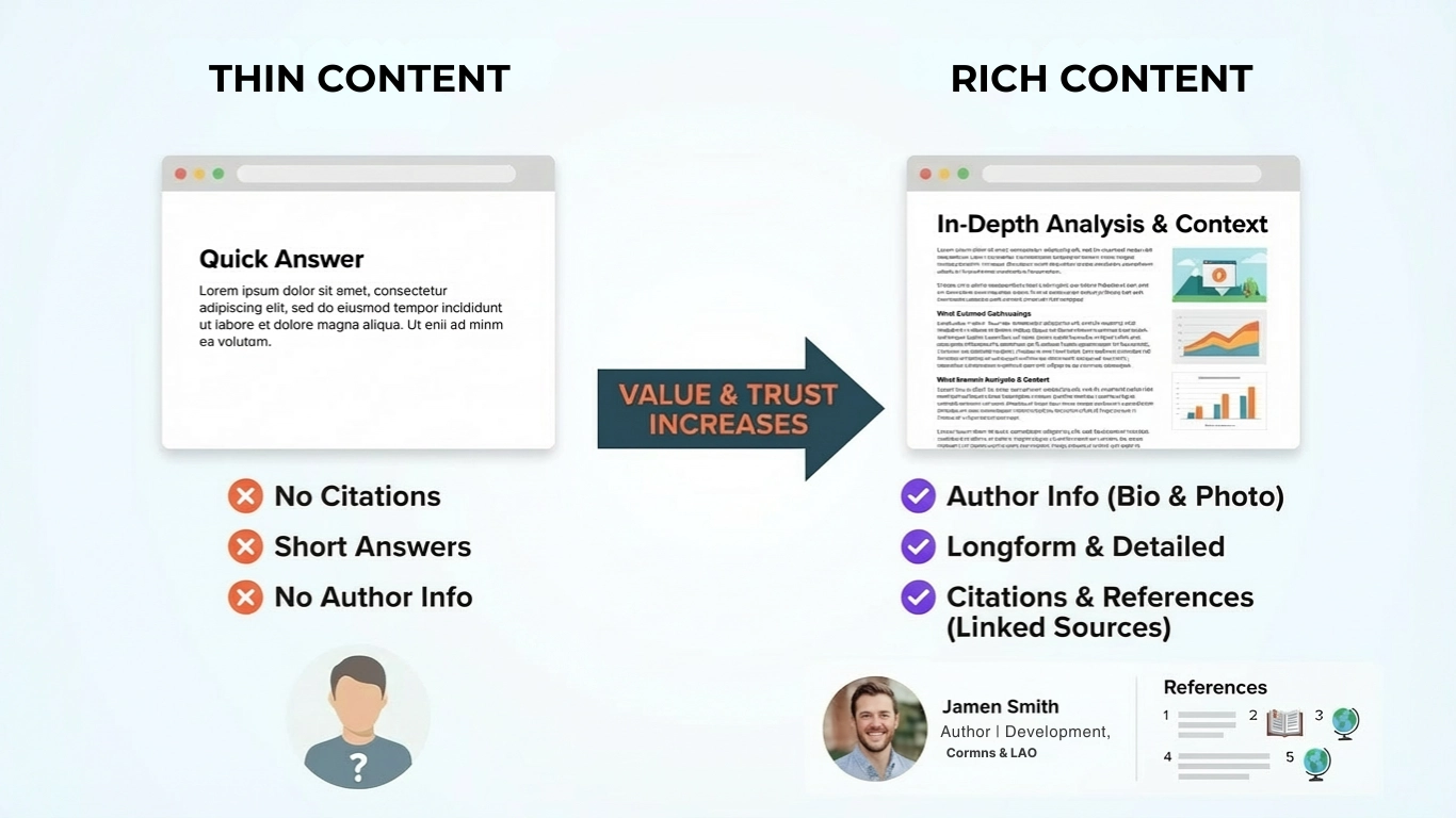 Visual diagram comparing thin vs. rich content: thin = no citations, short answers; rich = author info, longform, citations.