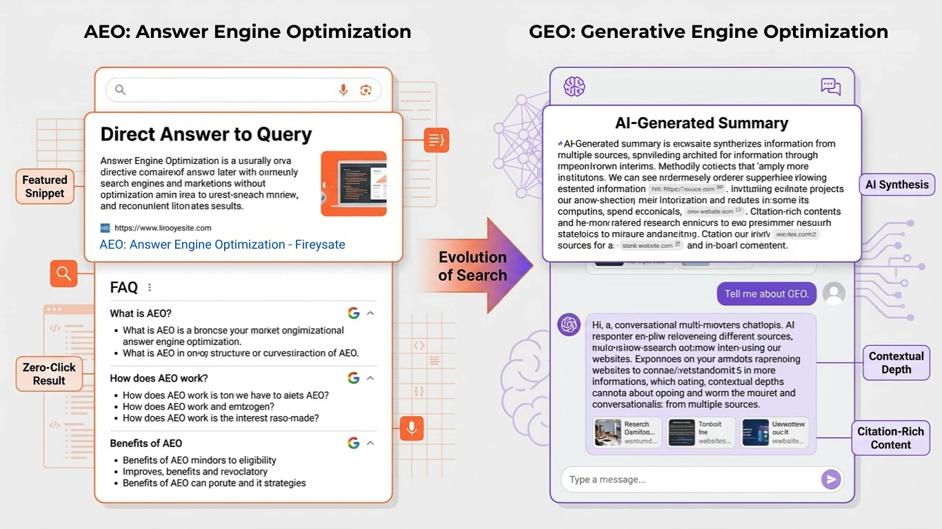 Split-screen comparison of AEO and GEO: one side with snippets and FAQ markup, the other with AI summarizing long content.