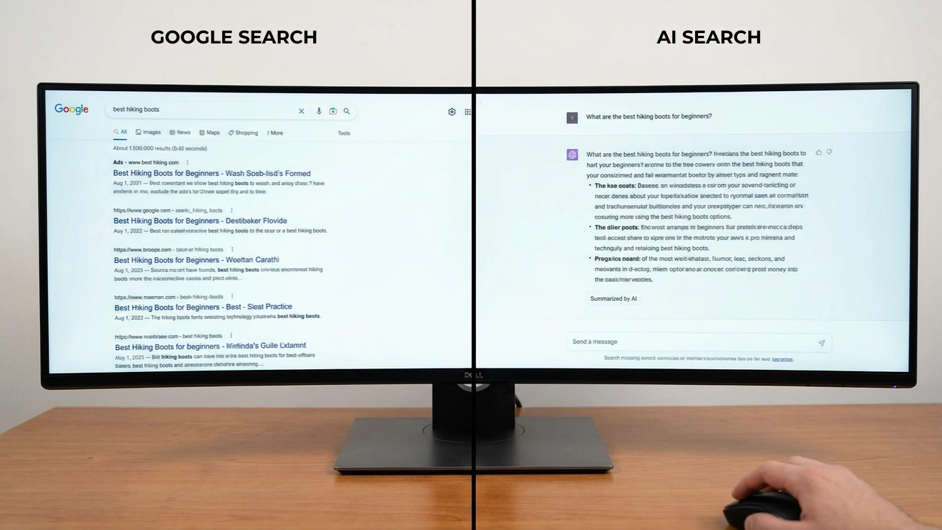 Image showing ecan with traditional google search and ecran showing ai search