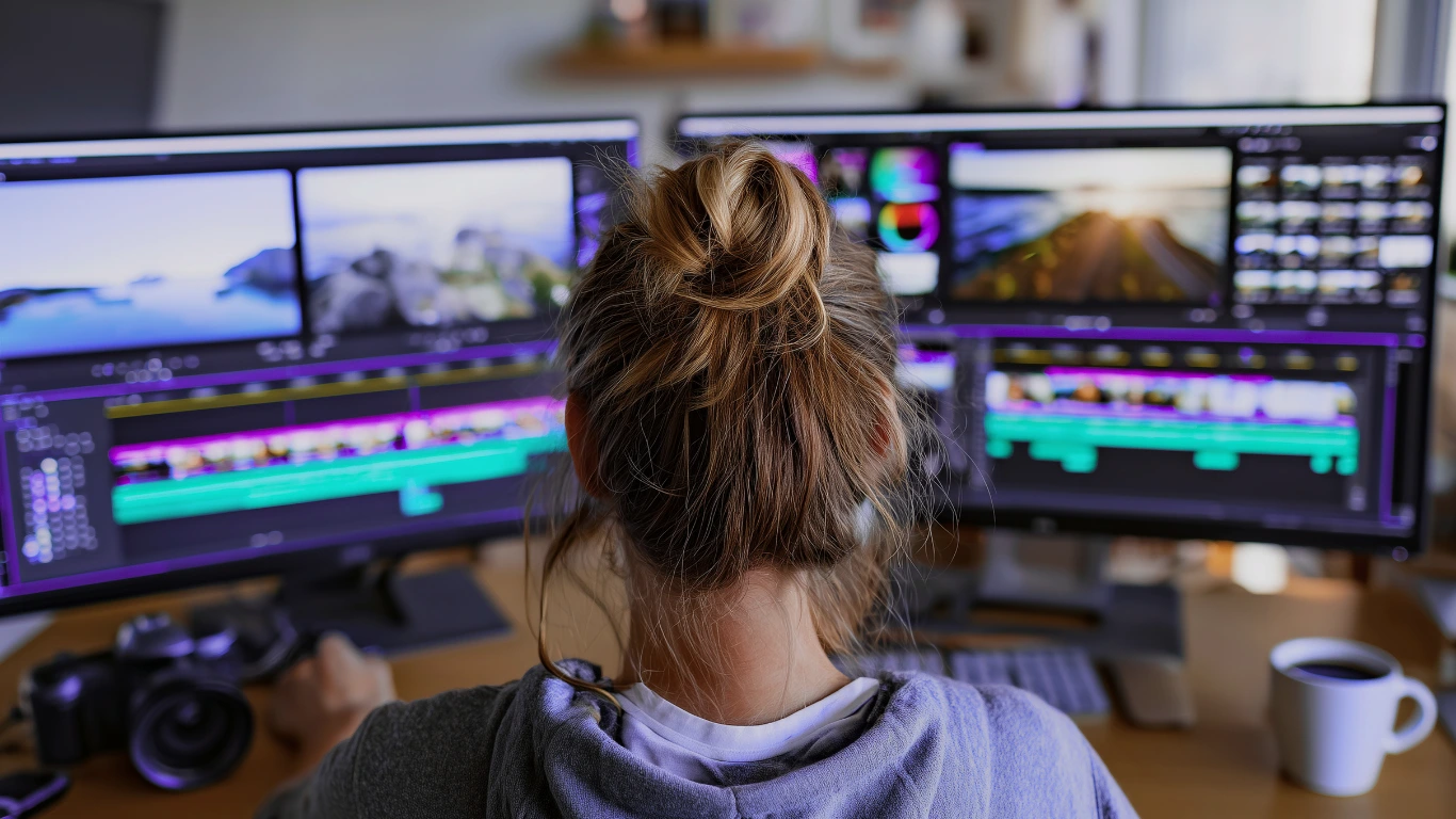 Developer working on website code using dual monitors