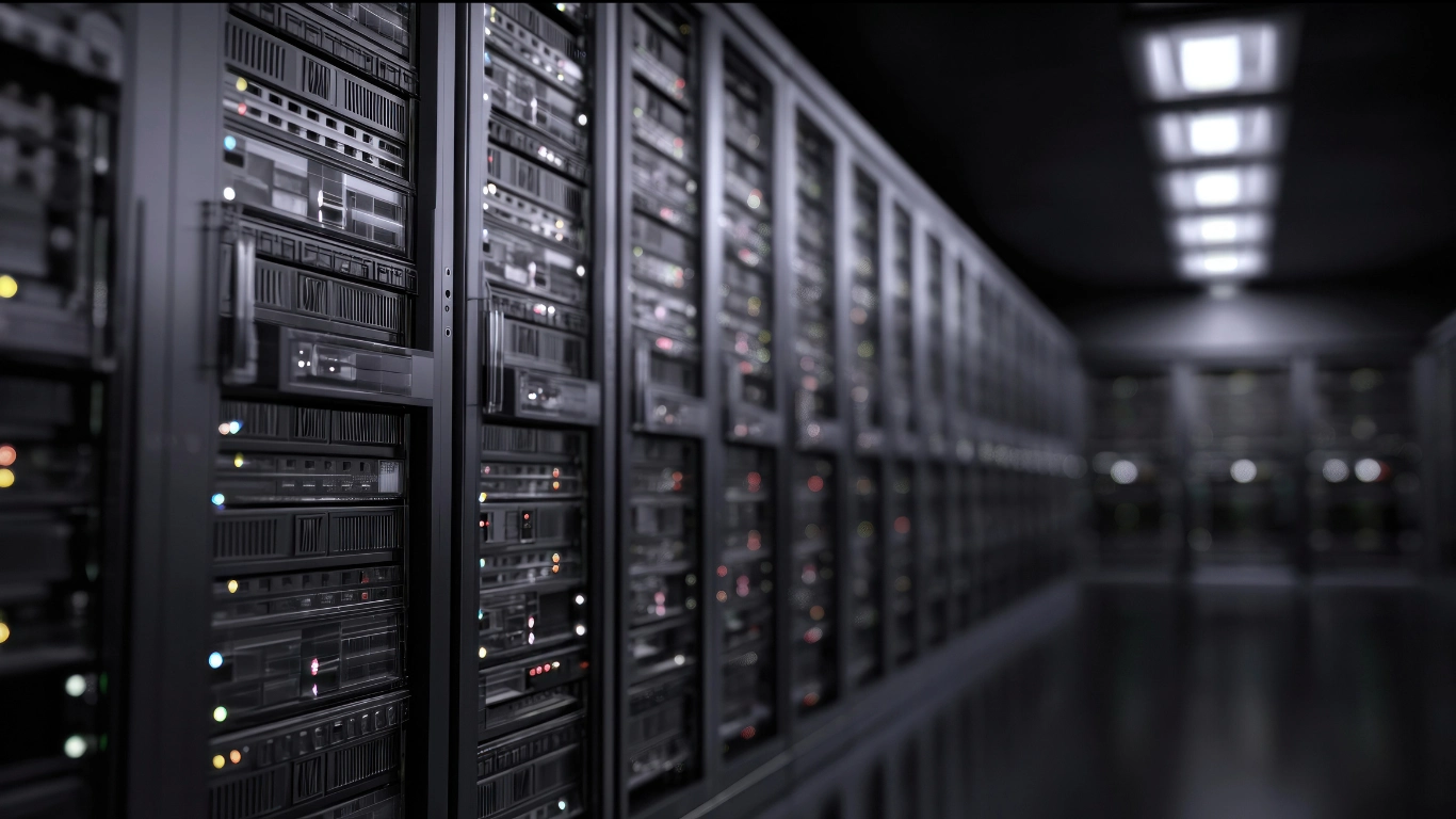 Row of web hosting servers in a data center for storing website files securely