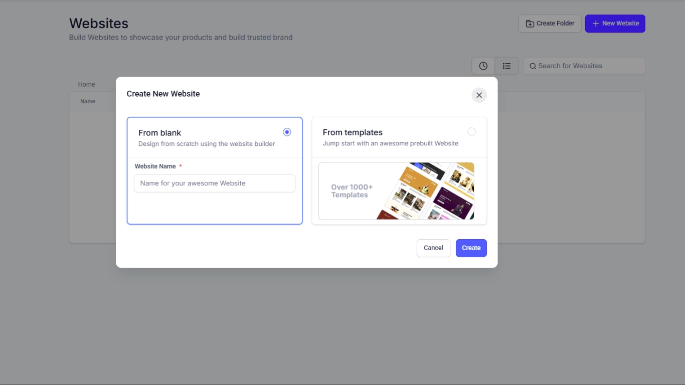 Website creation popup with option to start from blank or use prebuilt template