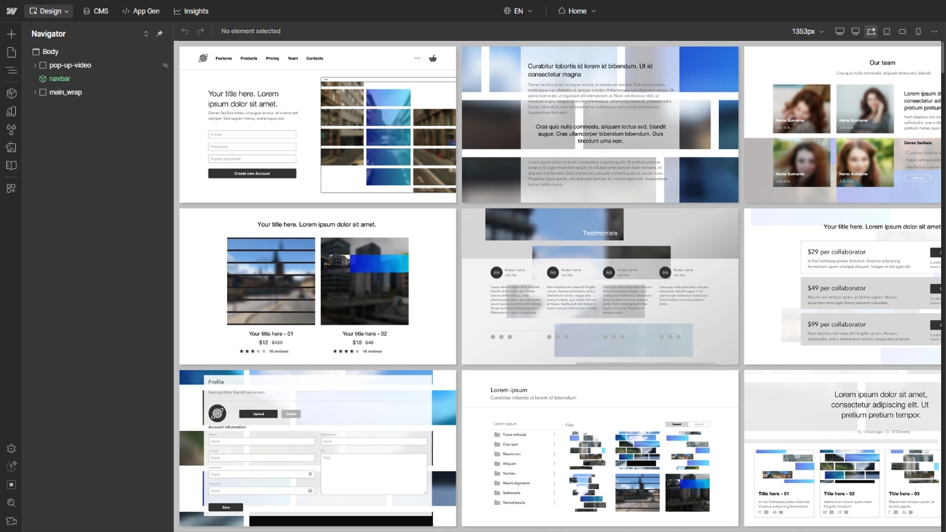 Webflow visual website builder interface showing layout and CMS settings