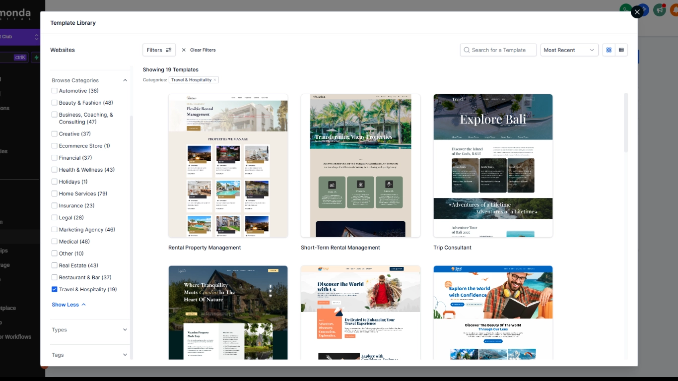 Template library inside website builder dashboard with multiple predesigned templates