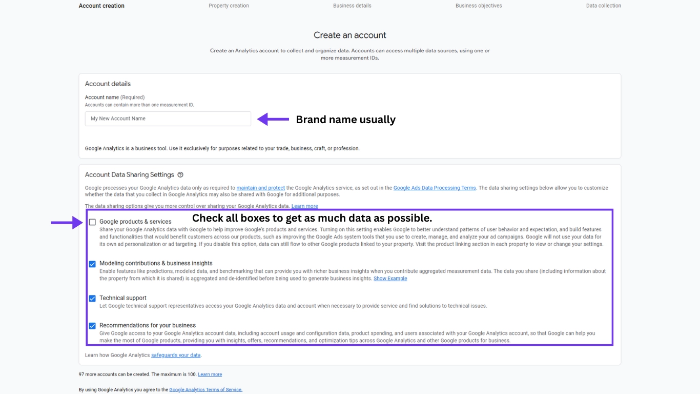 Google Analytics 4 account creation screen showing account name field and data sharing settings options